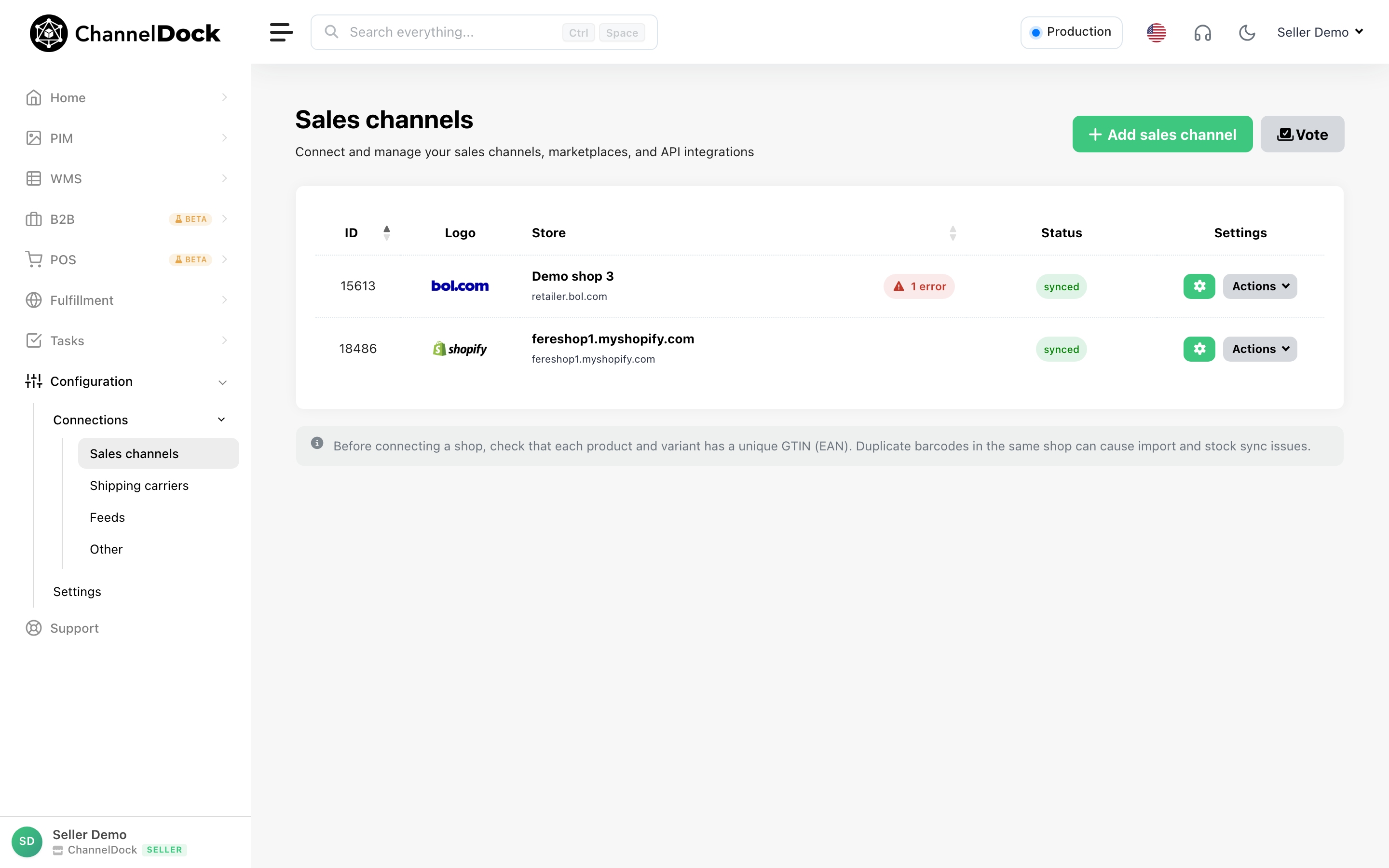 Sales channels page