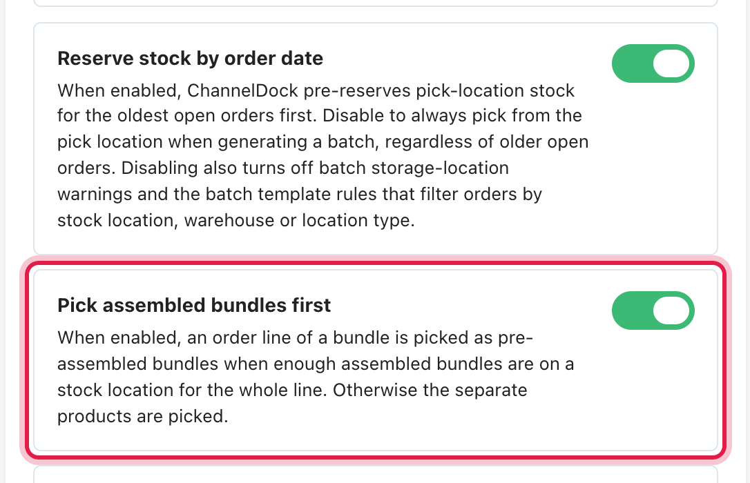 The setting Pick assembled bundles first