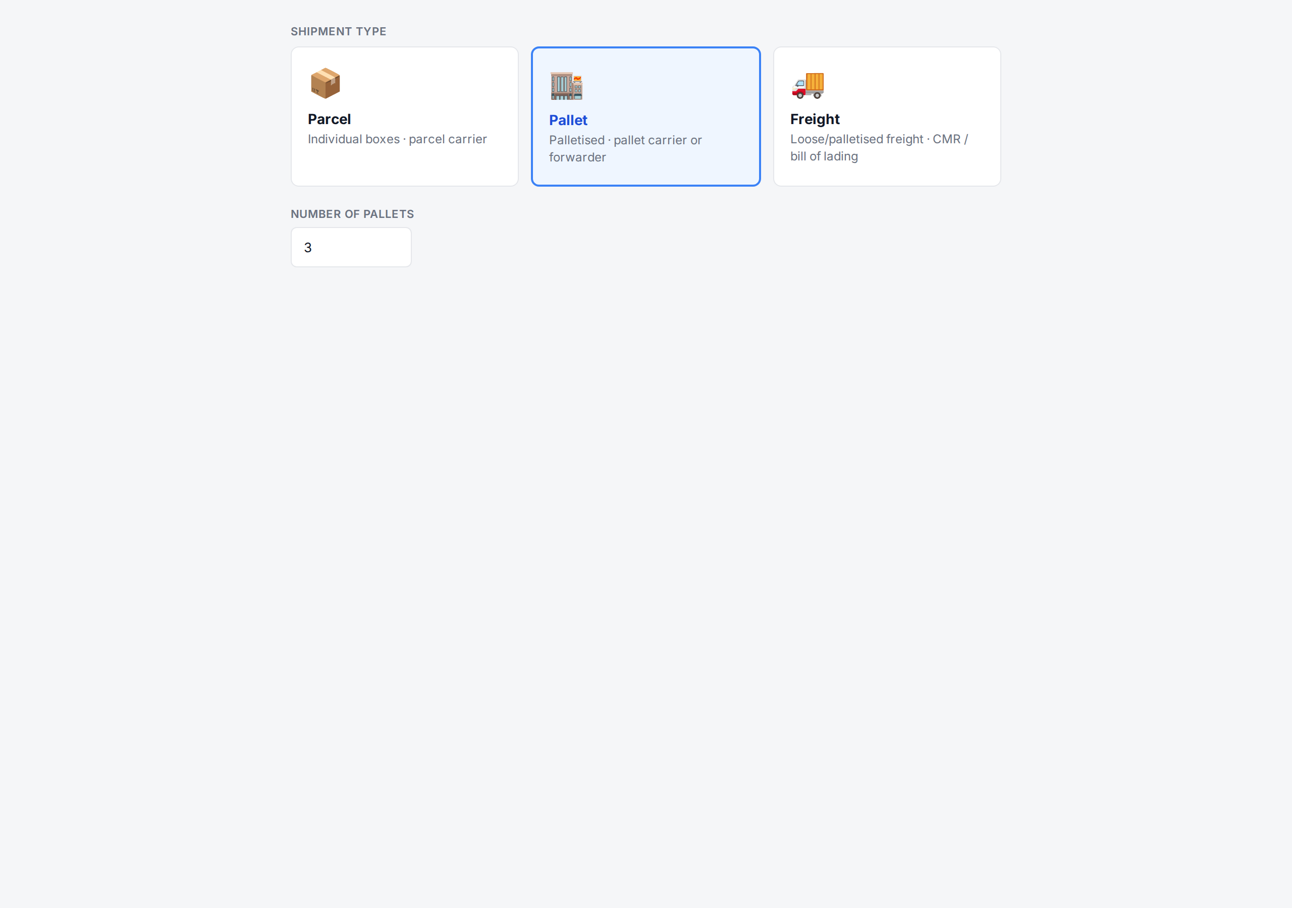 Shipment type dropdown — Parcel / Pallet / Freight