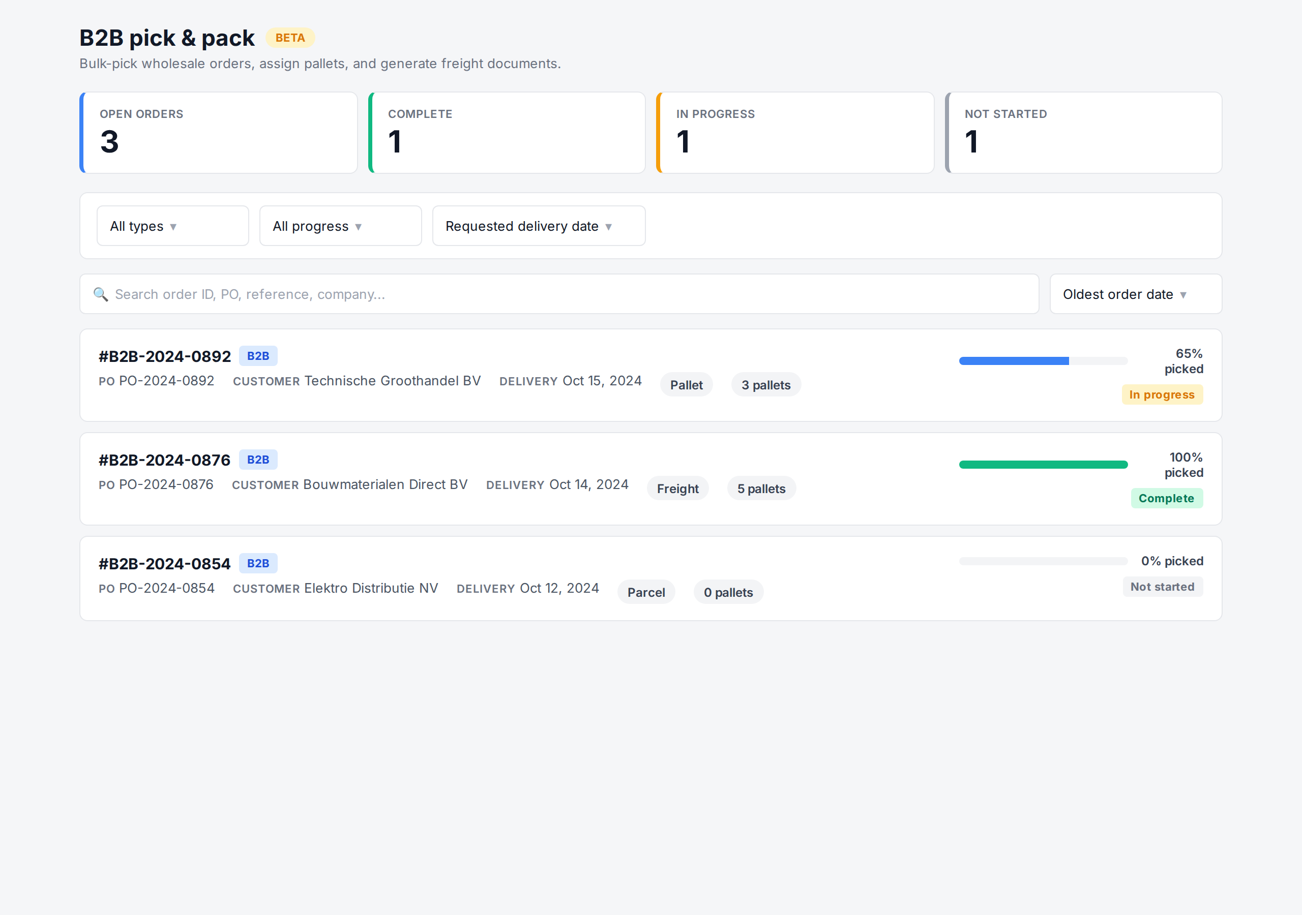 B2B pick & pack list with filters