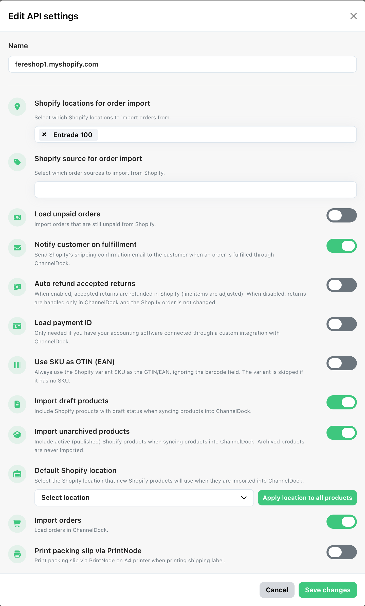 Shopify Edit API settings