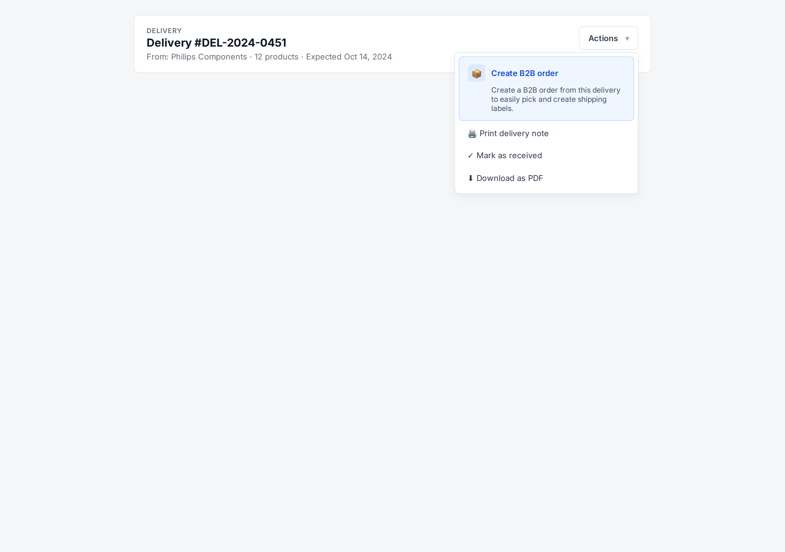 Delivery → Create B2B order action