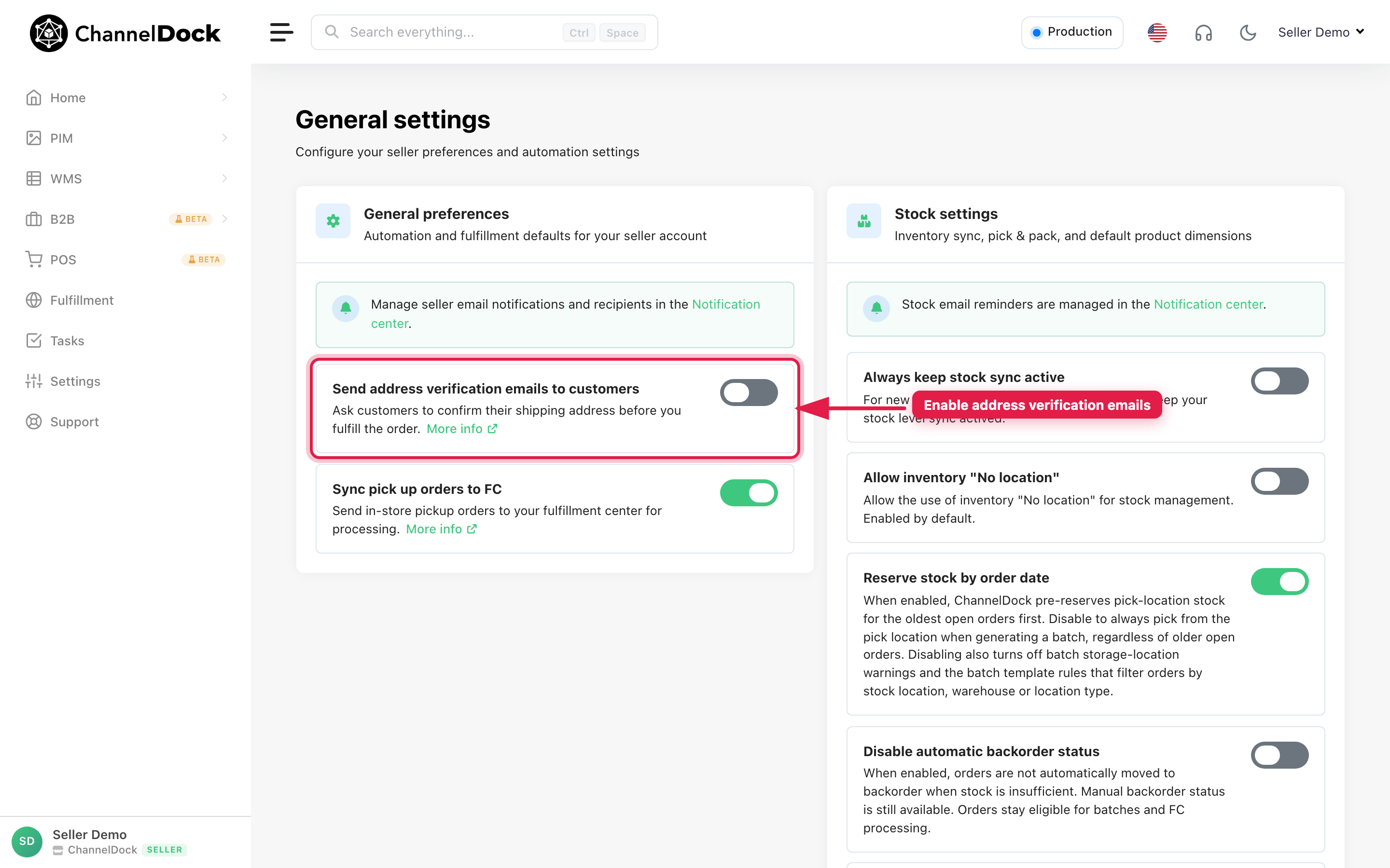 Enable the address verification emails toggle