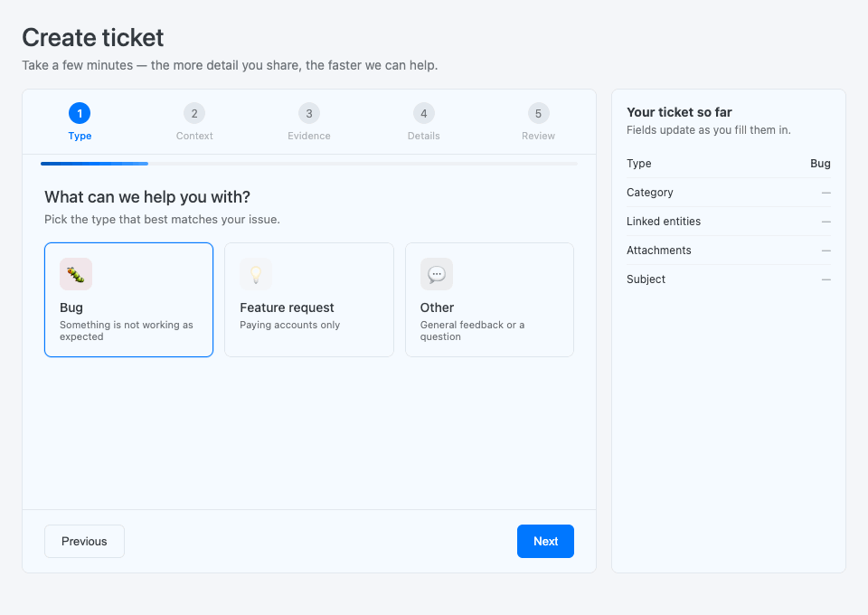 Create ticket — walkthrough of the 5-step wizard (Type → Context → Evidence → Details → Review)