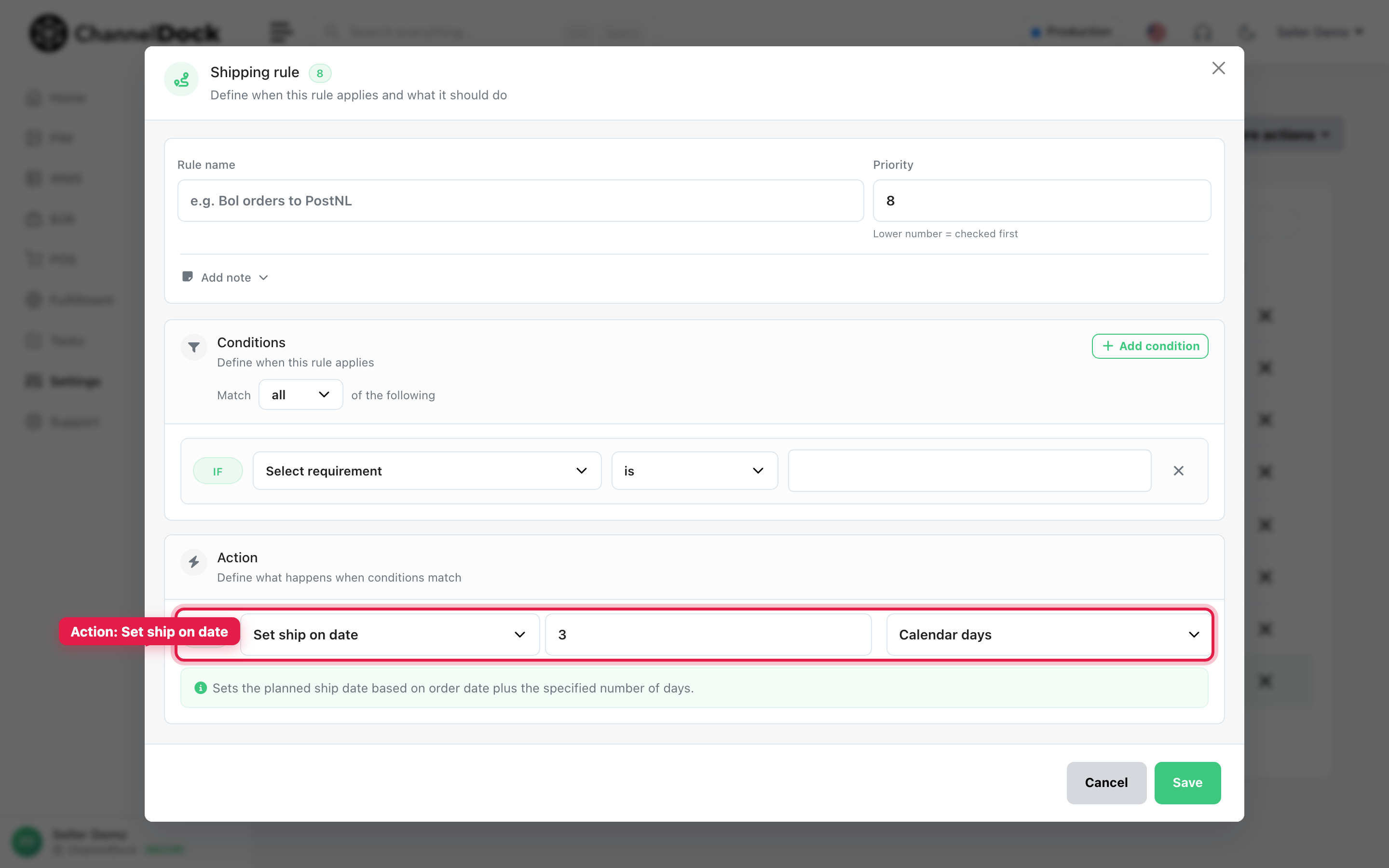 Choose Set ship on date as the rule action