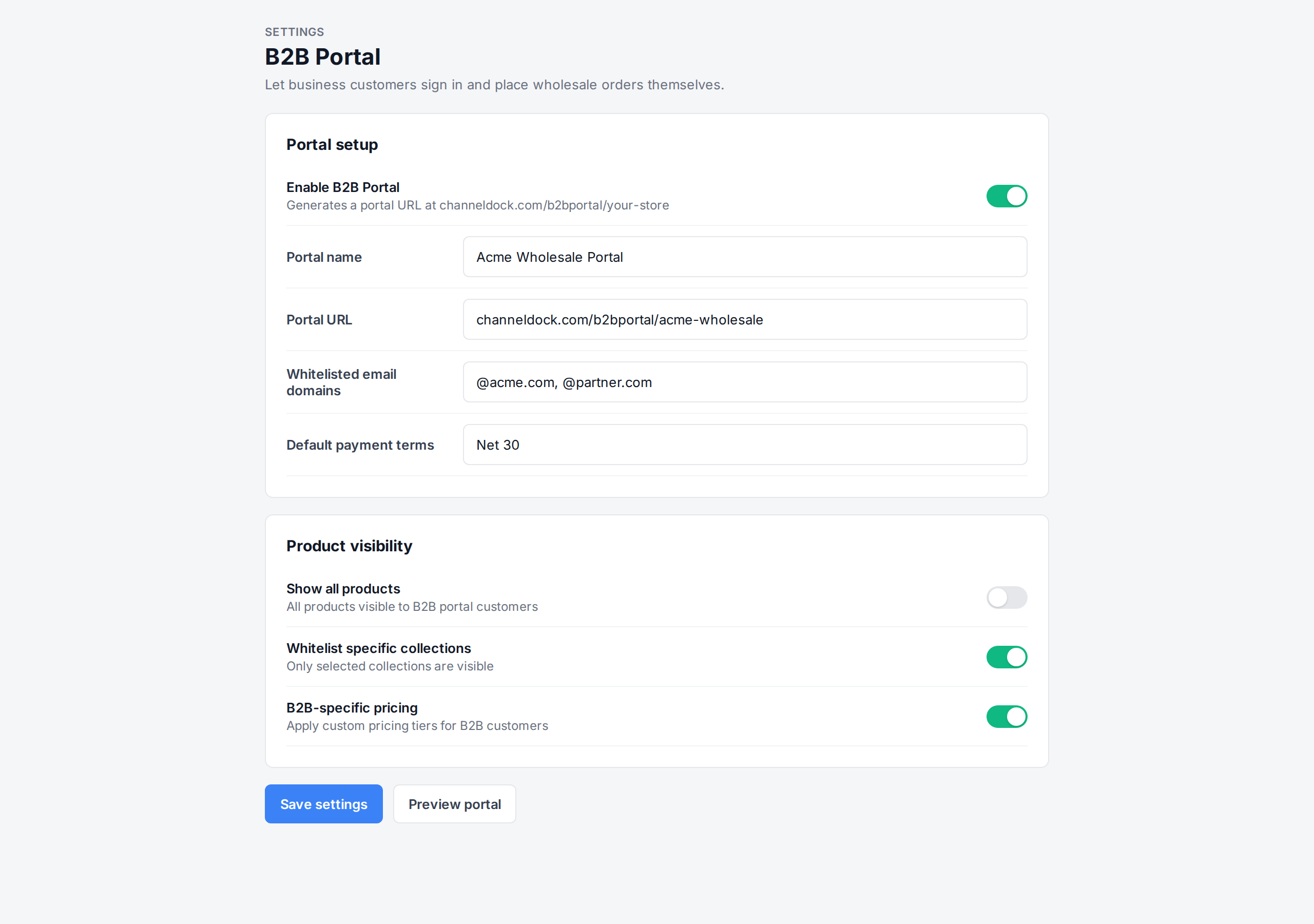 B2B Portal settings page